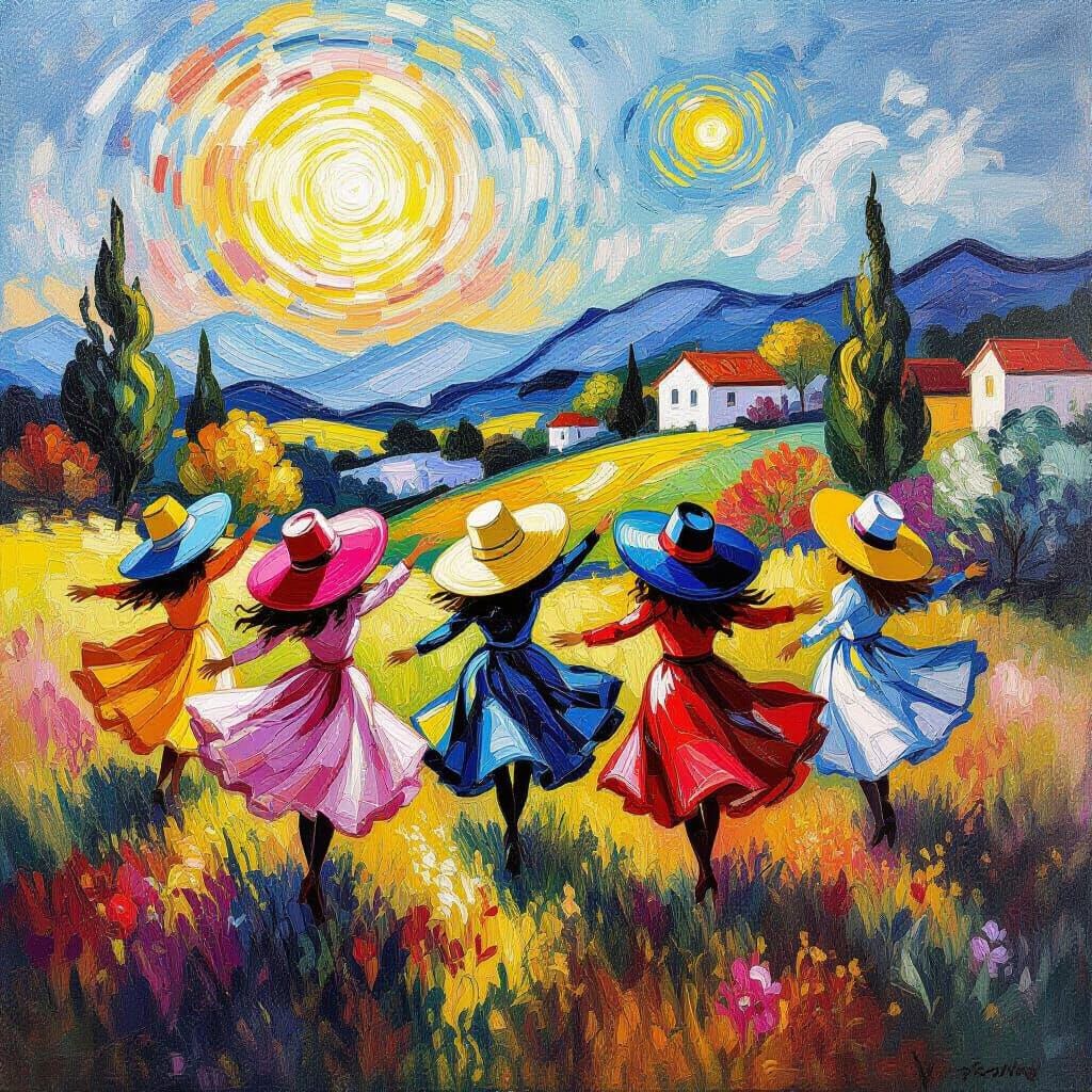 Living Hats Dance in Dreamlike Neo-Impressionist Landscape