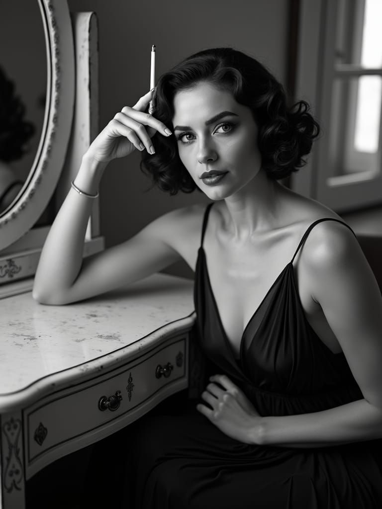 A stunning vintage portrait of an elegant woman beside a van...