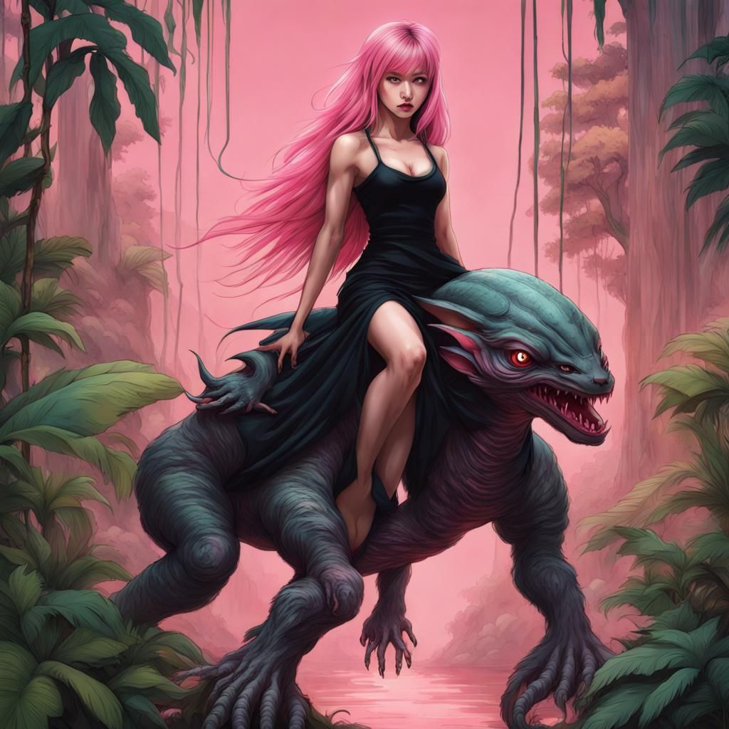 Woman Rides Alien Creature Through Jungle