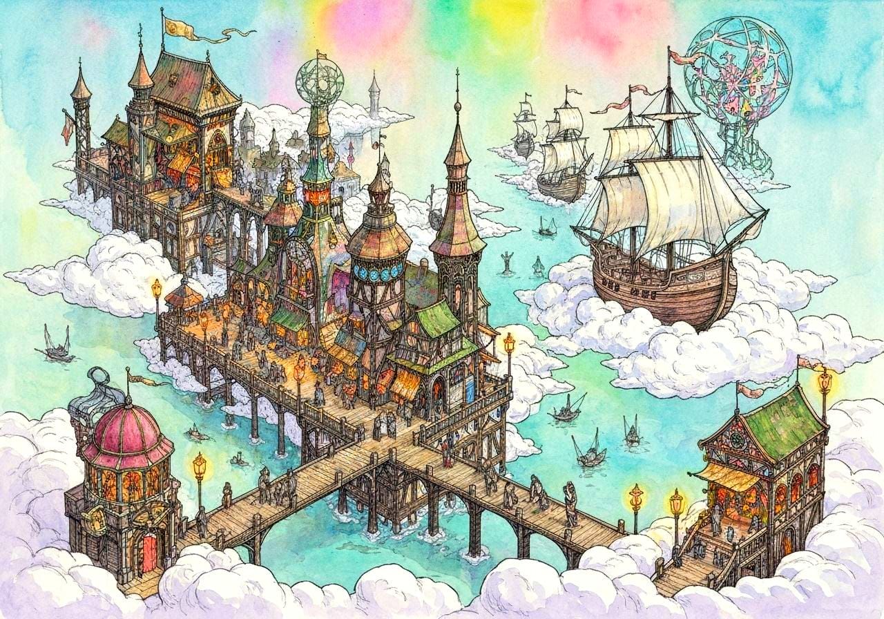 Flying Medieval Harbor with Sailing Ships