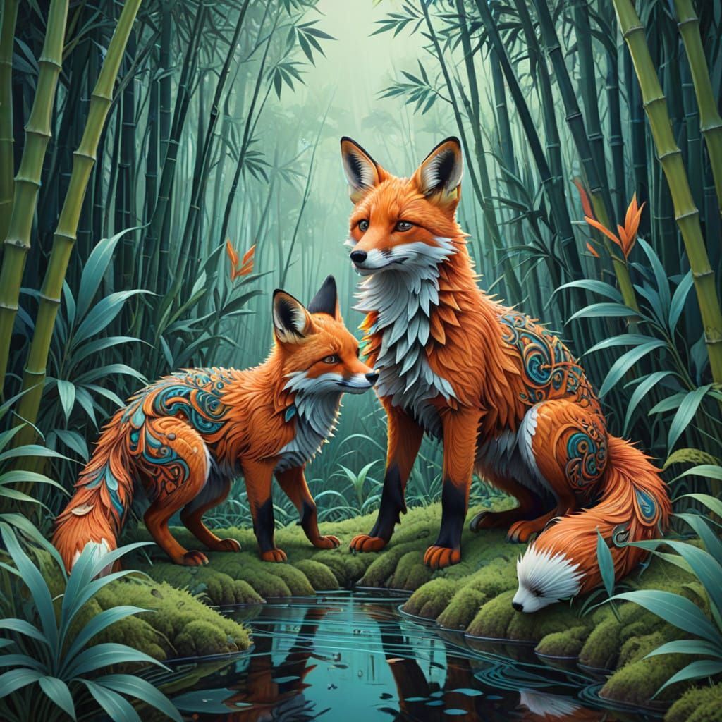 Foxes and Rabbits in a Whimsical Bamboo Forest Scene