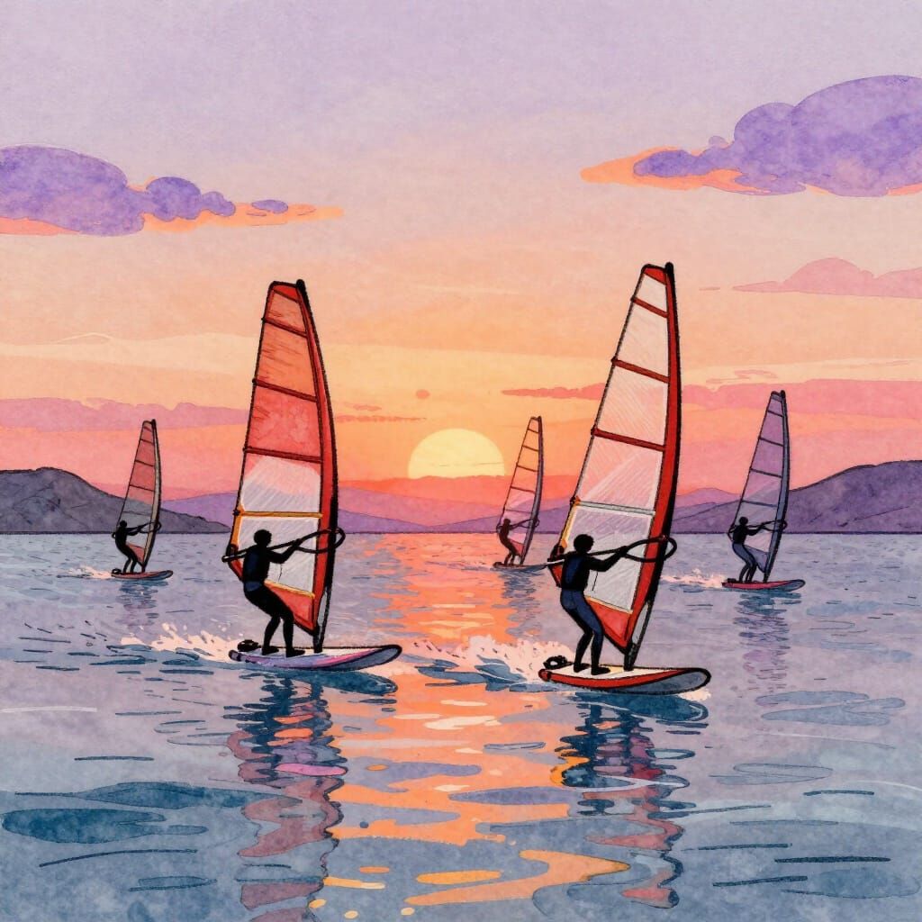 Hand-Drawn Windsurfers at Sunset Over Stylized Water