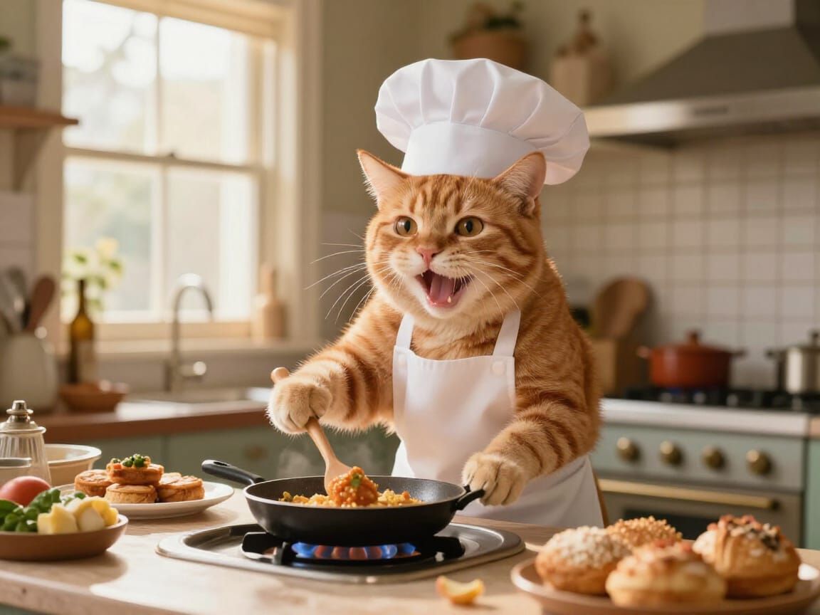 Ginger Cat Chef Cooks in Retro Kitchen, Photorealistic Style
