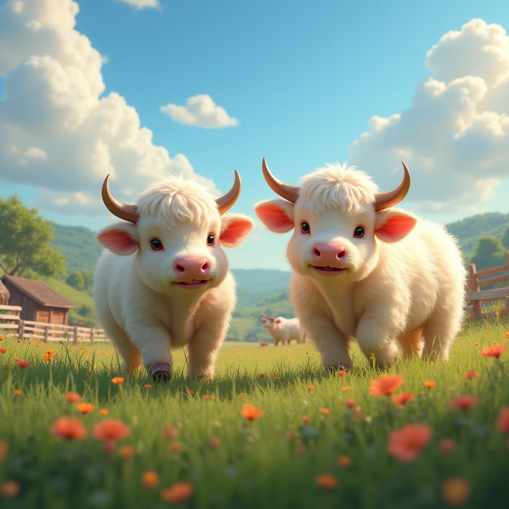 Whimsical Puffy Cattle Roam a Vibrant Fantasy Farm