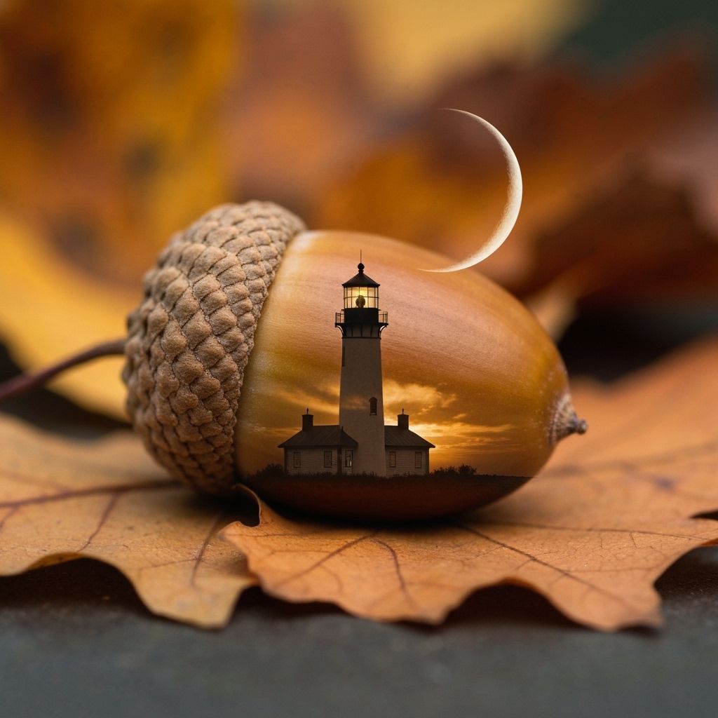 Double Exposure Acorn and Lighthouse in Autumn Leaves