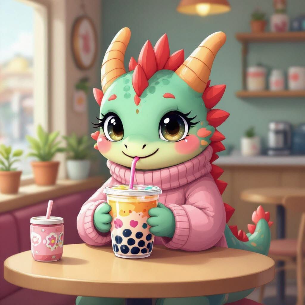 Kawaii Dragon Sipping Boba Tea in Pop Art Style