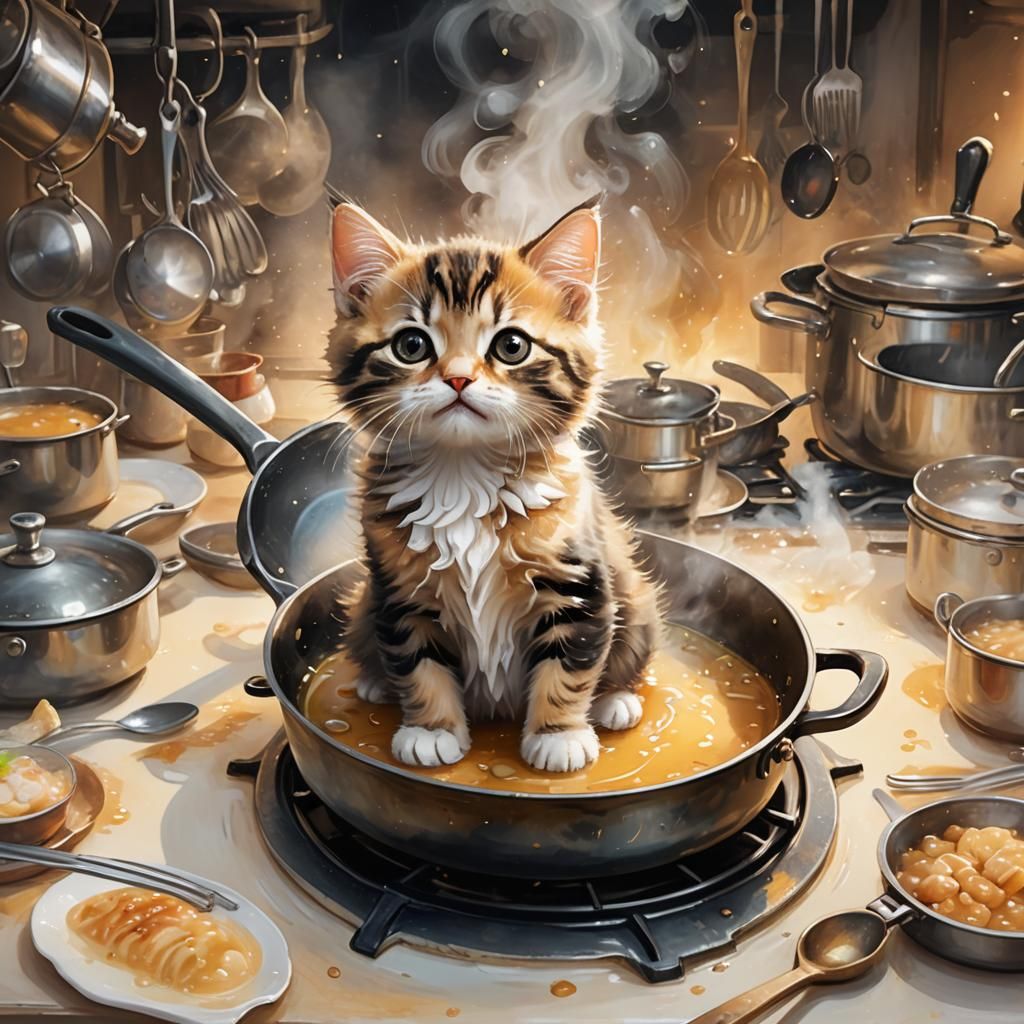 Kitten in Pan: Whimsical Anime Oil Painting