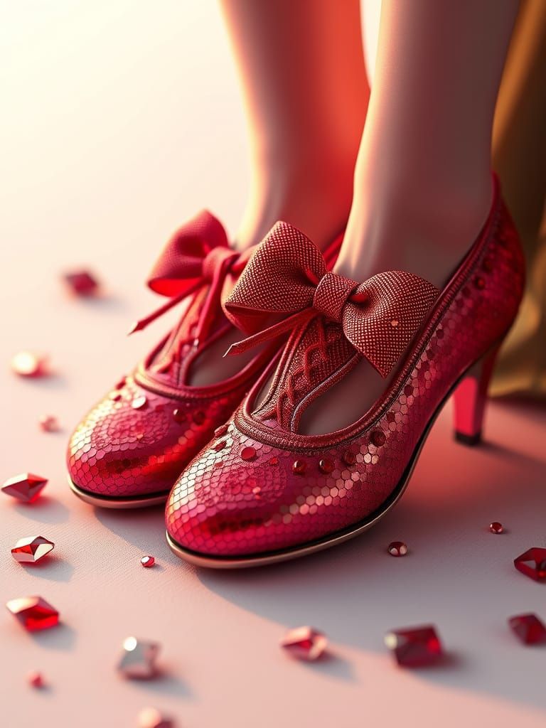 Vibrant Ruby Slippers in Anime-Inspired 3D Art