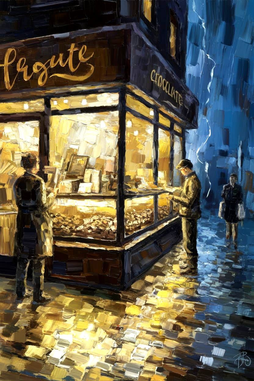Midnight Chocolate Shop in a Stormy Night