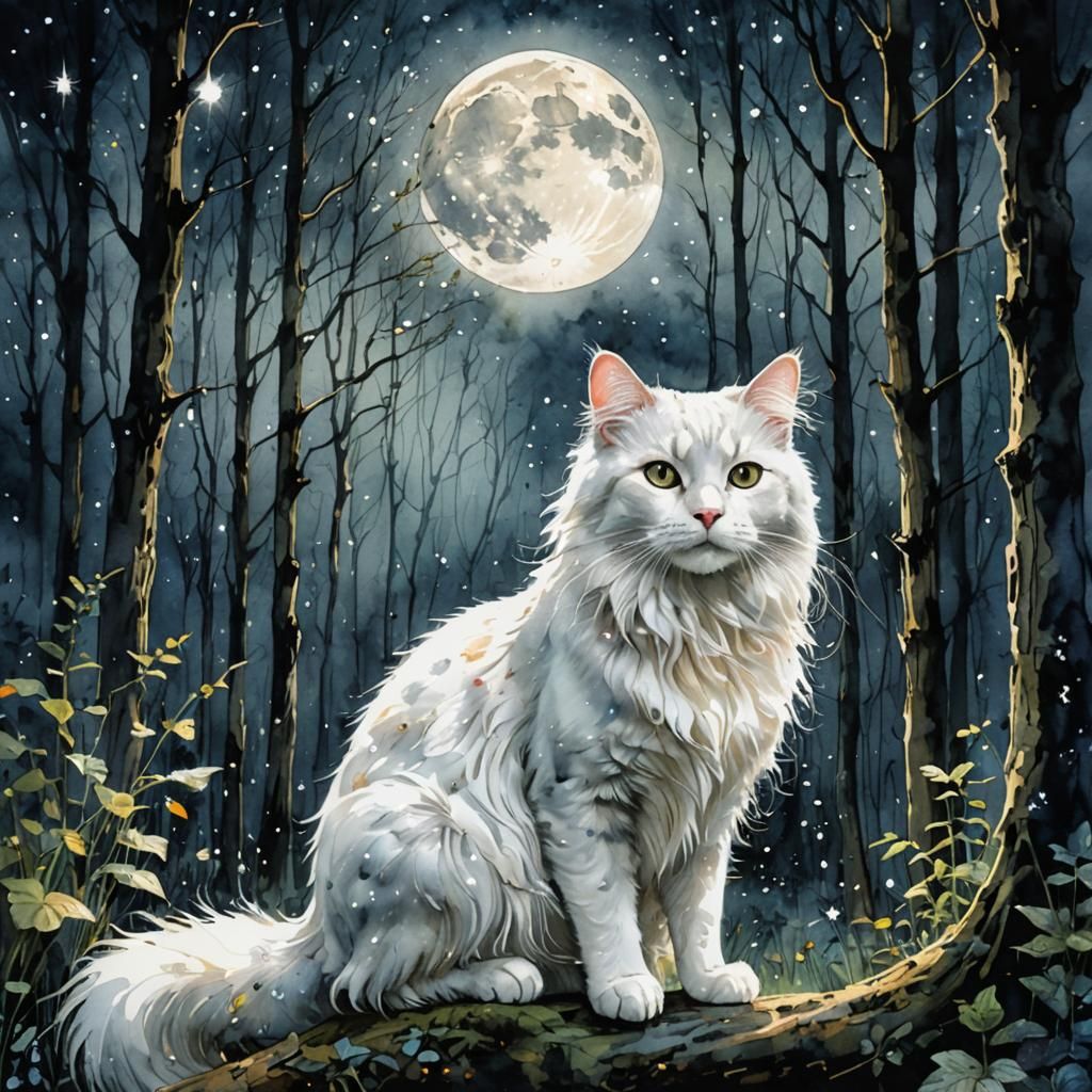 White Cat in Enchanted Forest Watercolor Illustration