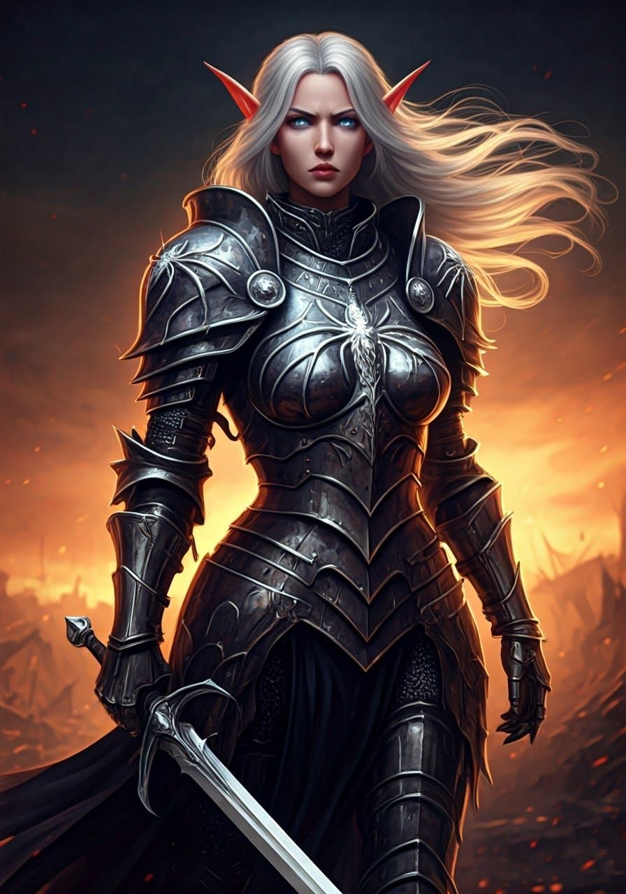 Ethereal Elven Warrior Stands Against Apocalyptic Horizon