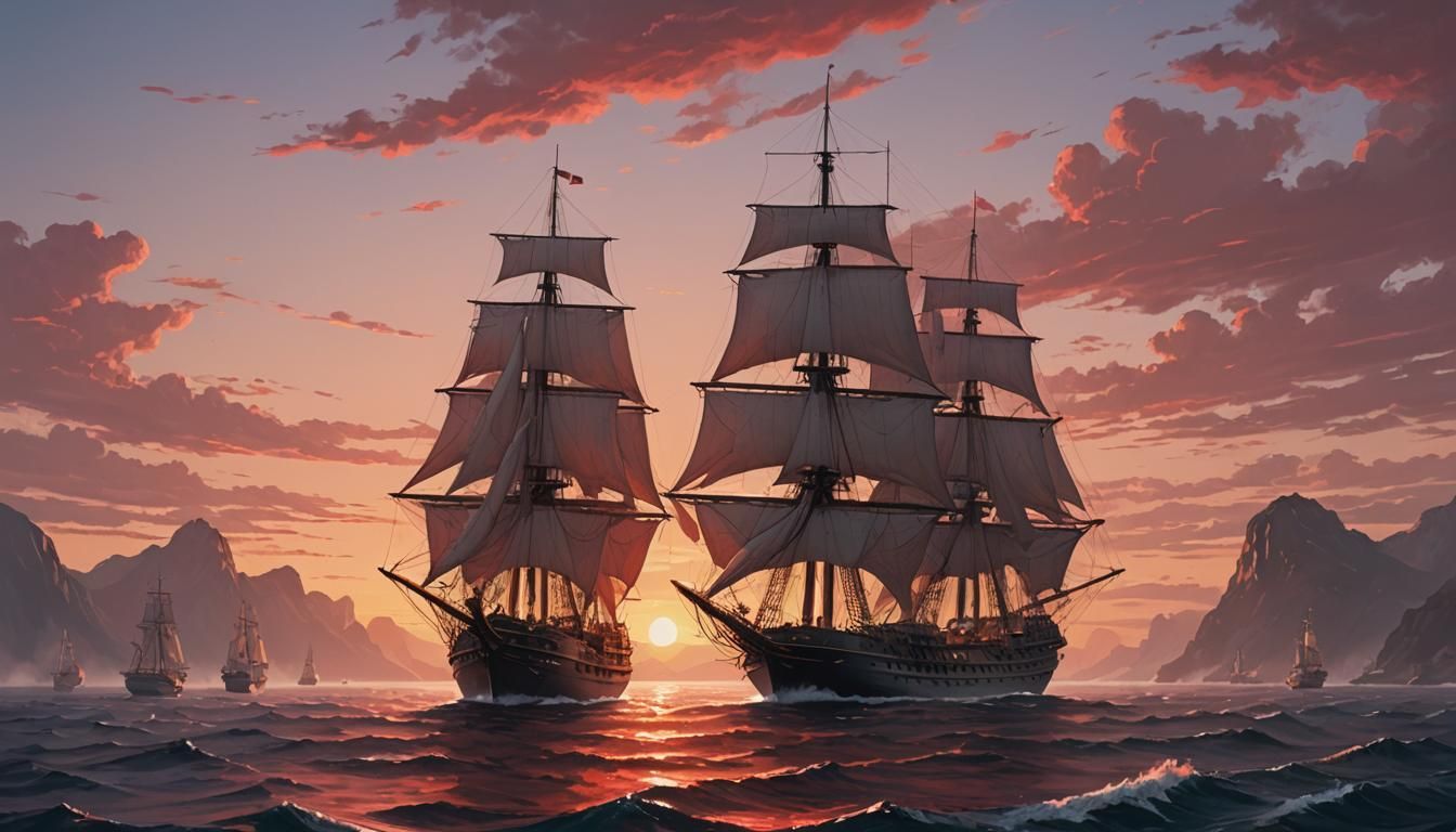 Sailing Ships Embark on a Red Dawn Expedition