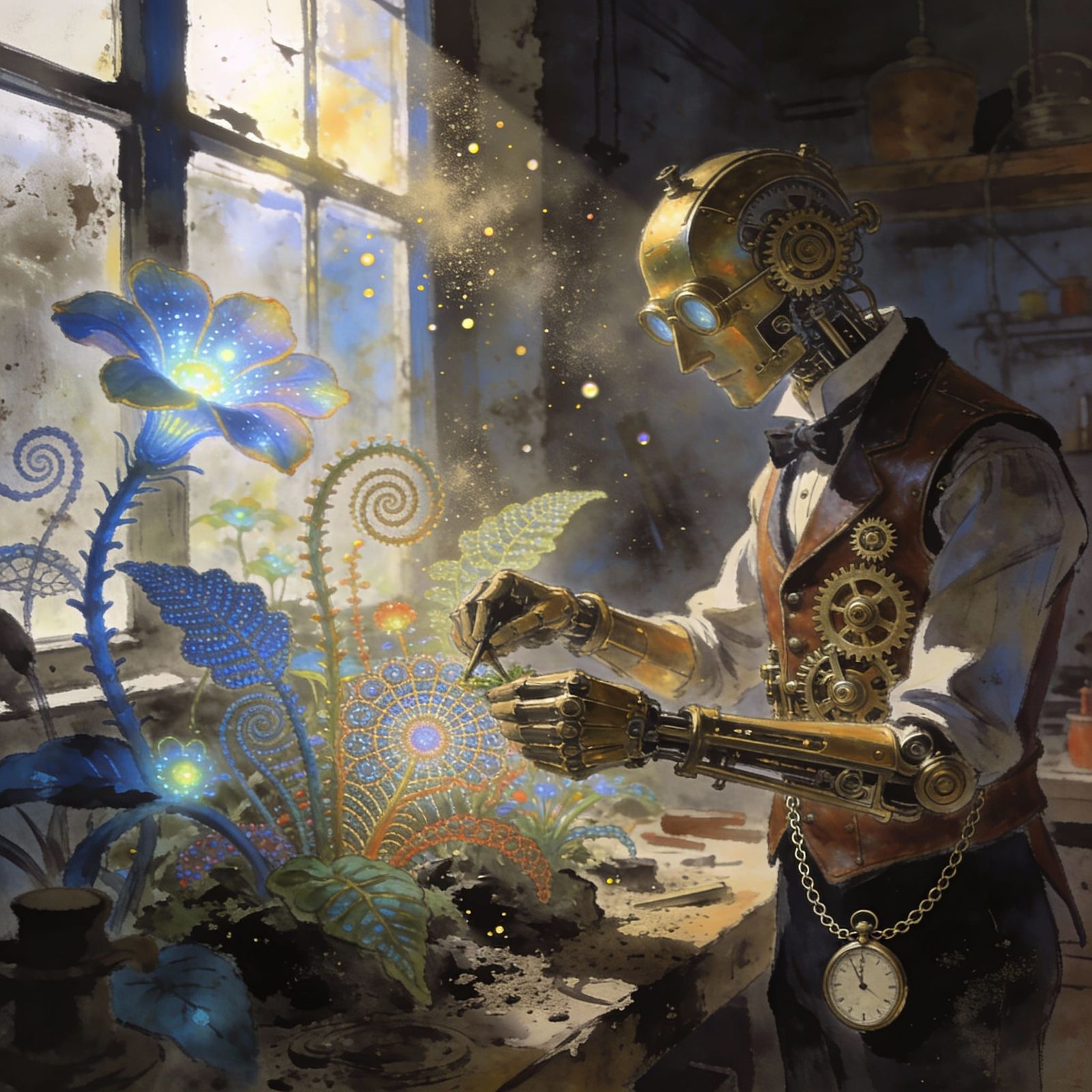 Clockwork Gentleman Tends Magical Plants in Dusty Workshop
