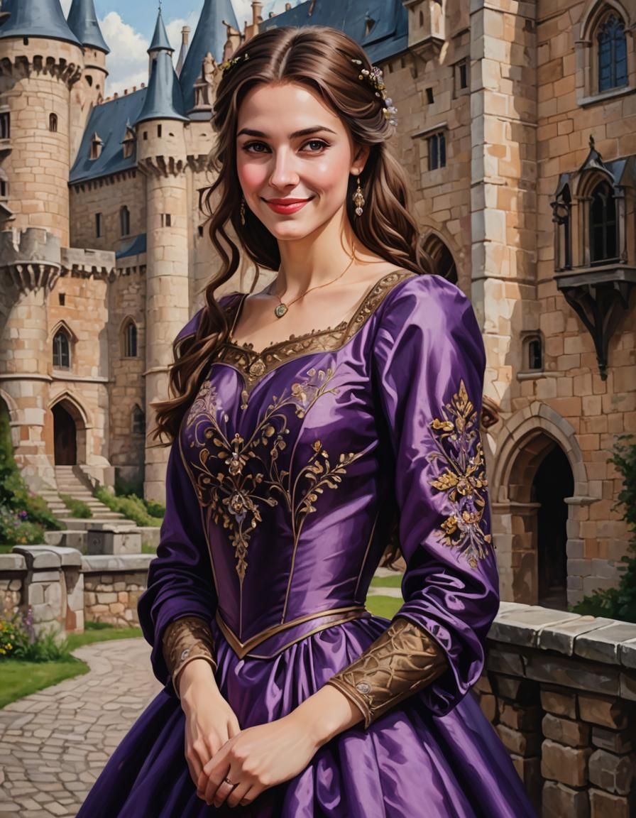 A beautiful young Medieval woman with brown hair in a extrav...