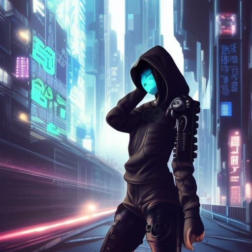 Cyberpunk Hacker in Dystopian Cityscape