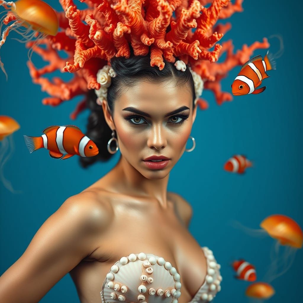 Elegant Sea Goddess Portrait in Vibrant Shells and Coral Hai...
