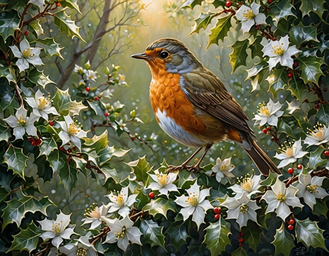 Robin on Holly Bush with White Flowers as Oil Painting