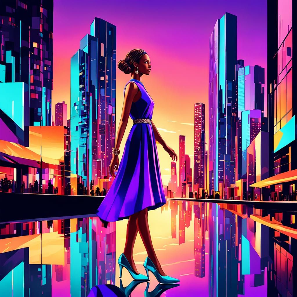 Stylish Woman in Purple Dress in Cityscape Digital Art