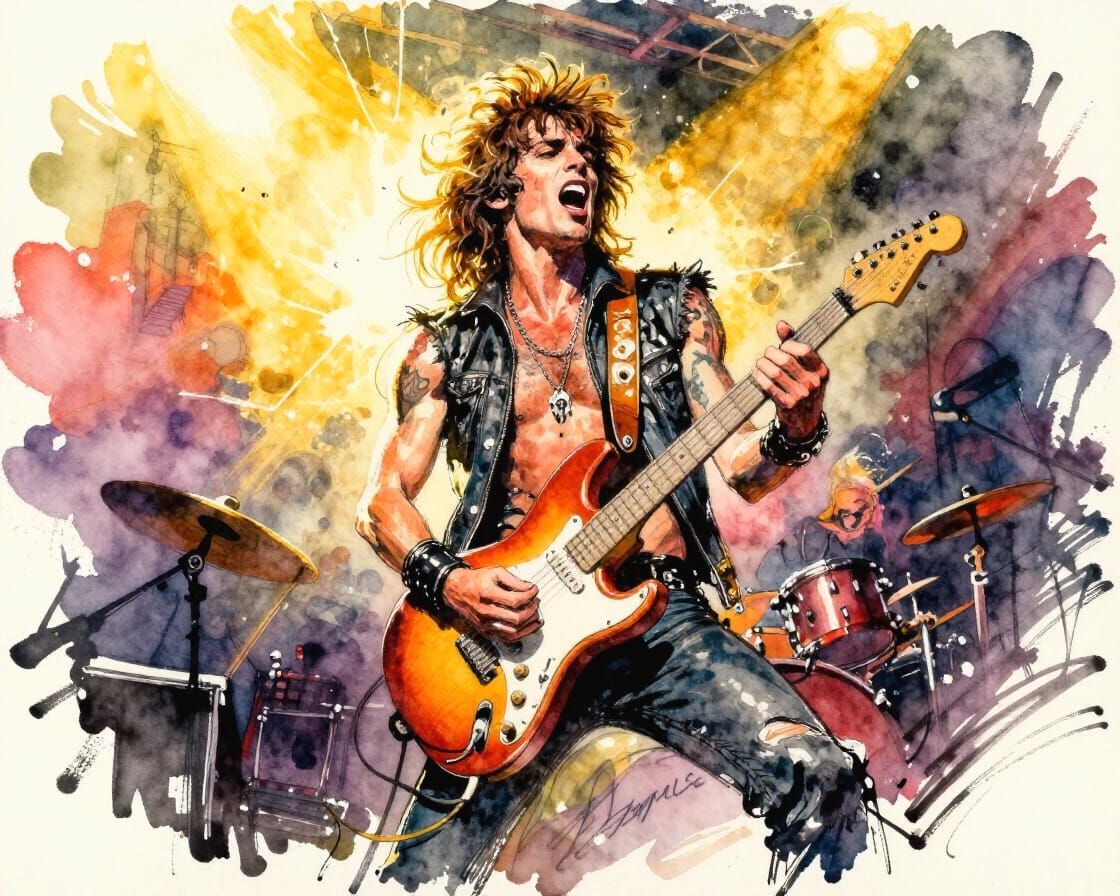 Handsome Rock Star Guitarist in Concert, Watercolor Style
