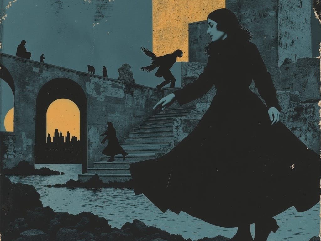 Woman Dances Before Surreal Stairway, Golden Age Illustratio...