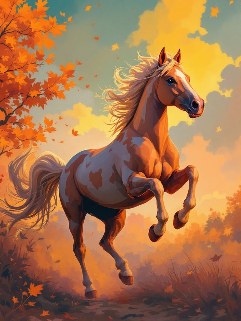 Horse Leaping Through Autumn Sky in Nostalgic Glow