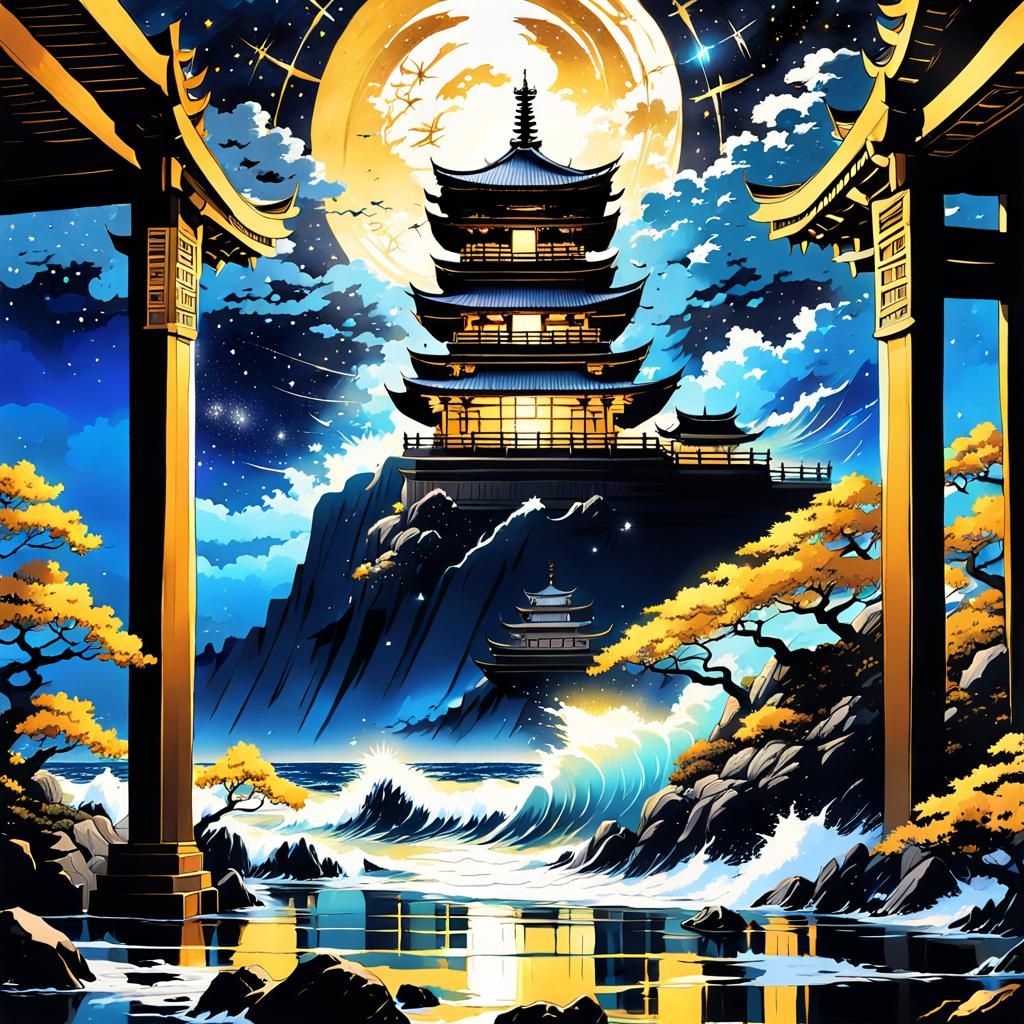 Ocean Temple at Night: Chiaroscuro Digital Painting