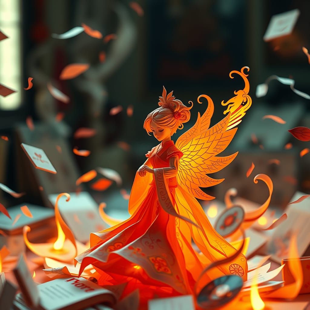 Glowing Origami Fire Princess in Whirlwind of Stationery