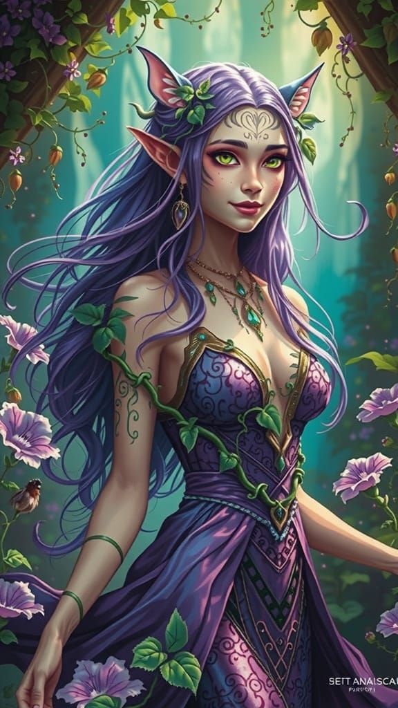 Alien Elven Woman in Ivy Dress in Purple Glade