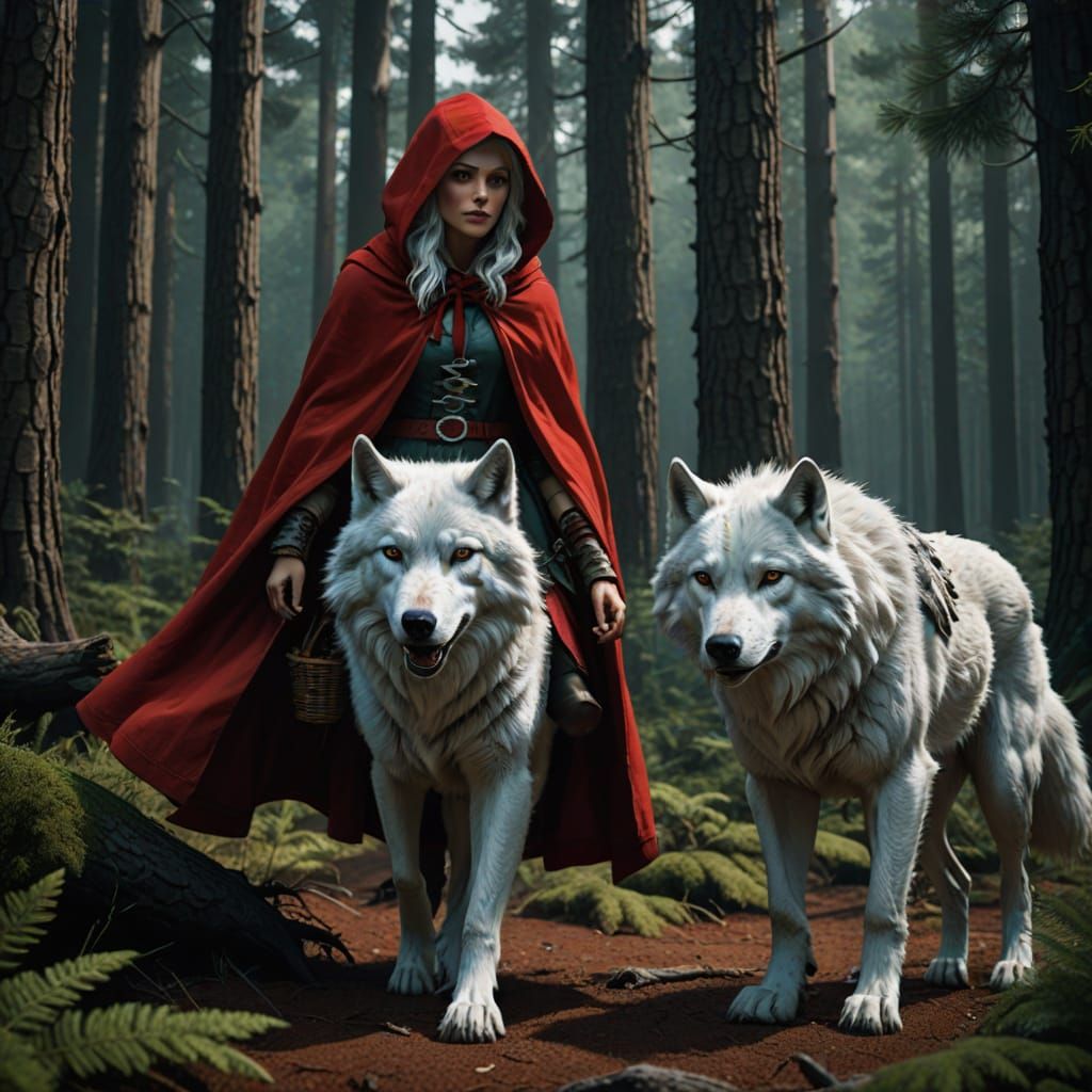 Little Red Riding Hood Rides White Wolf in Dark Fantasy
