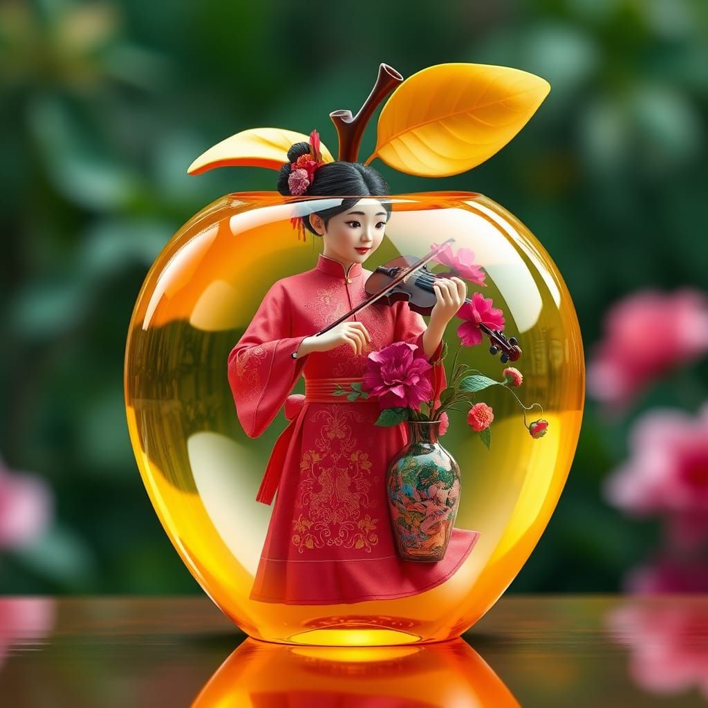 Glass Apple Macro Photo with Girl Playing Violin