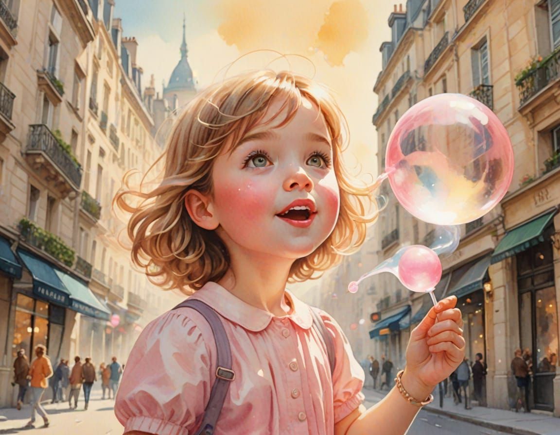 Whimsical Watercolor Scene of Child Floating Above Paris