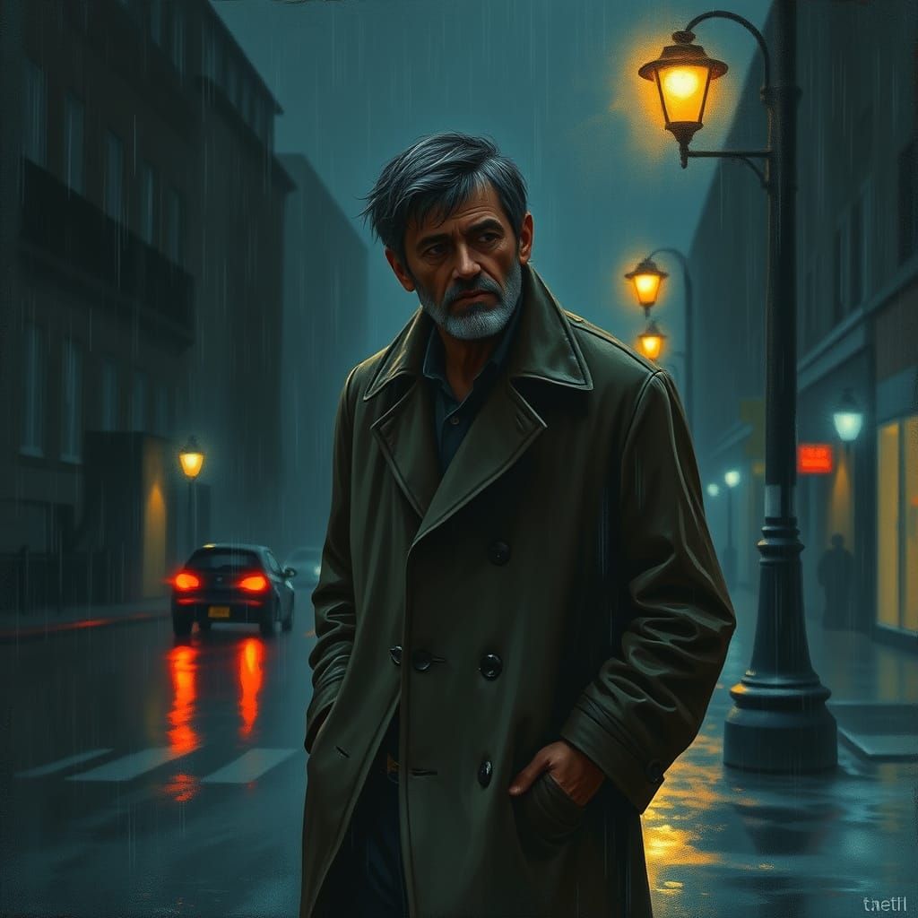 Melancholy Man Lost in Rainy Night