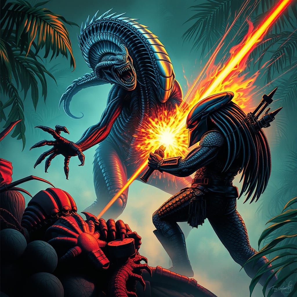 Surreal Battle Scene in a Neon-Lit Jungle