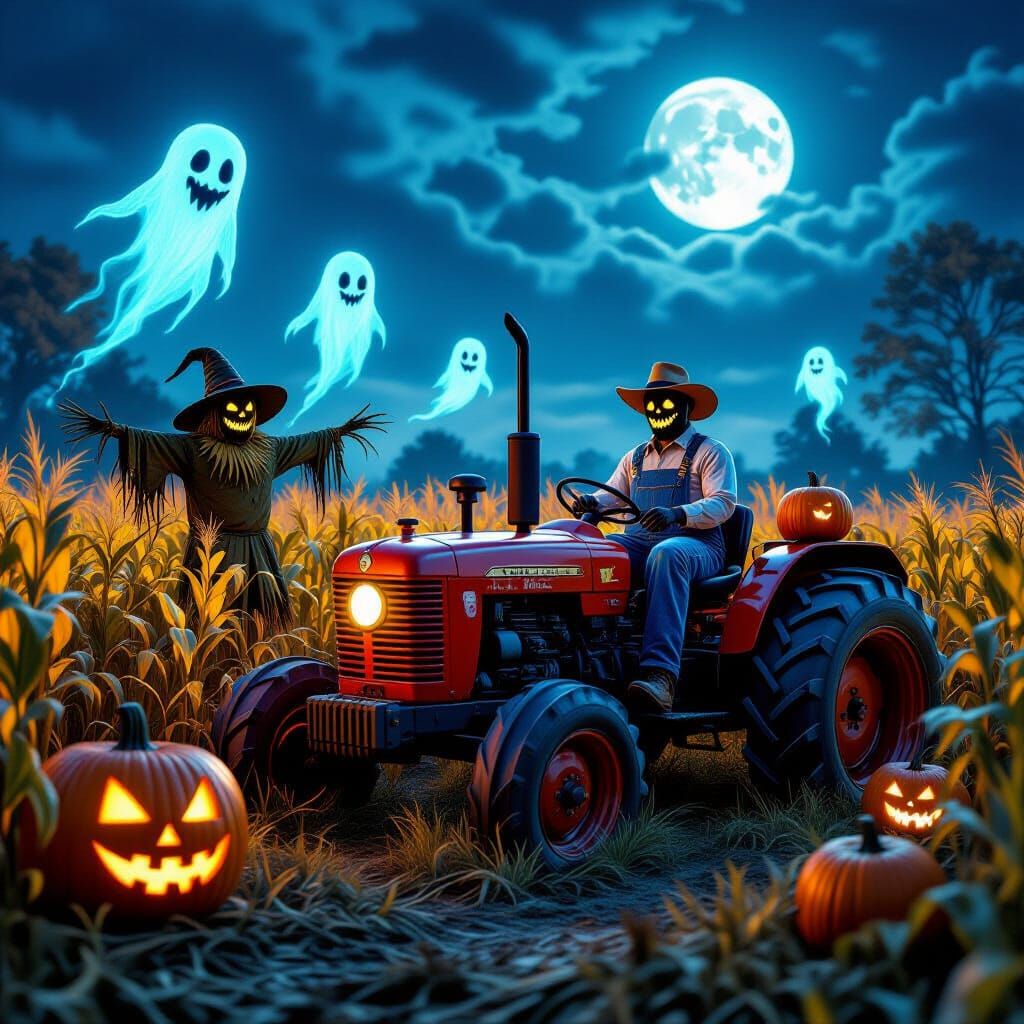 Eerie Halloween Harvest with Ghosts and Pug Farmer