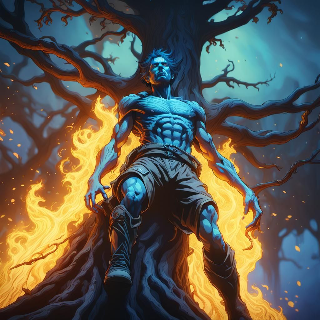 Dark Fantasy Tree Ablaze with Blue Fire