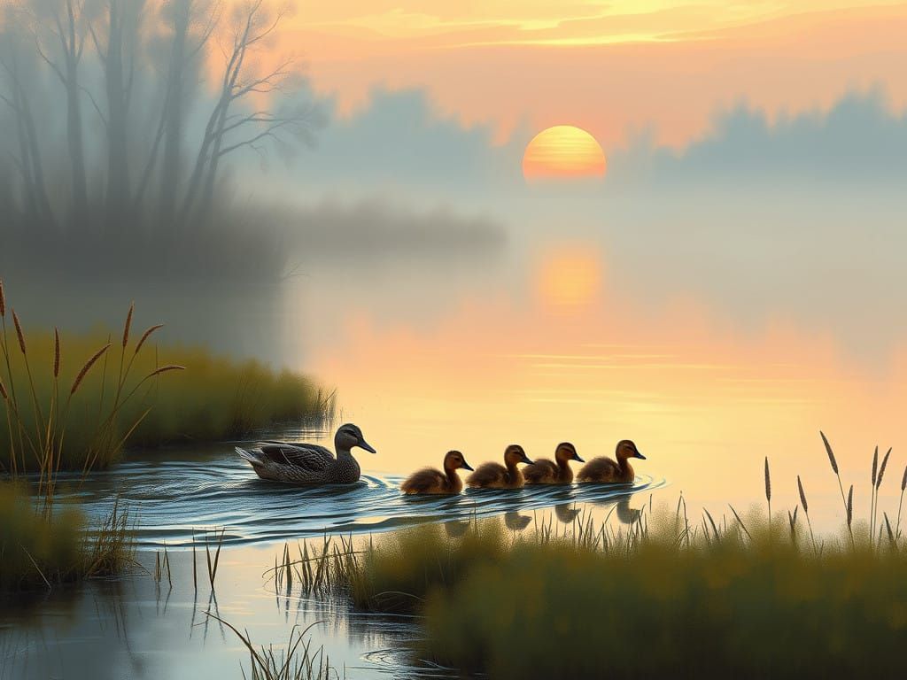 Ducks in Serene Marshland Sunset