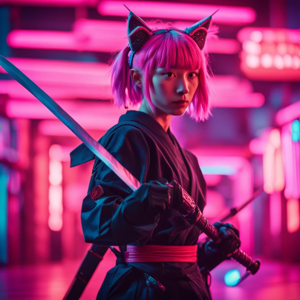 Pink-Haired Cat-Eared Warrior in Neon Lights