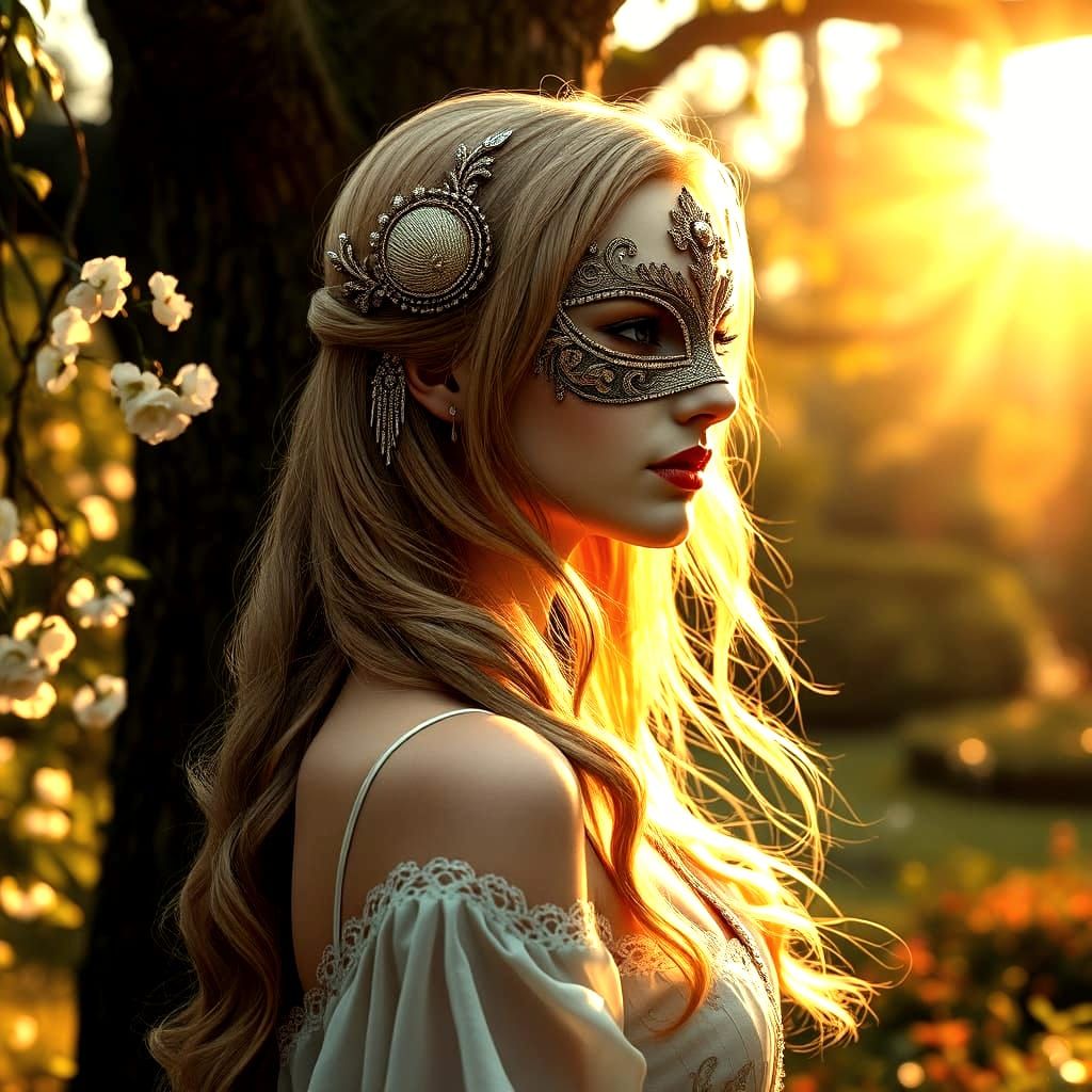 Mysterious Masked Lady in a Sunlit Garden