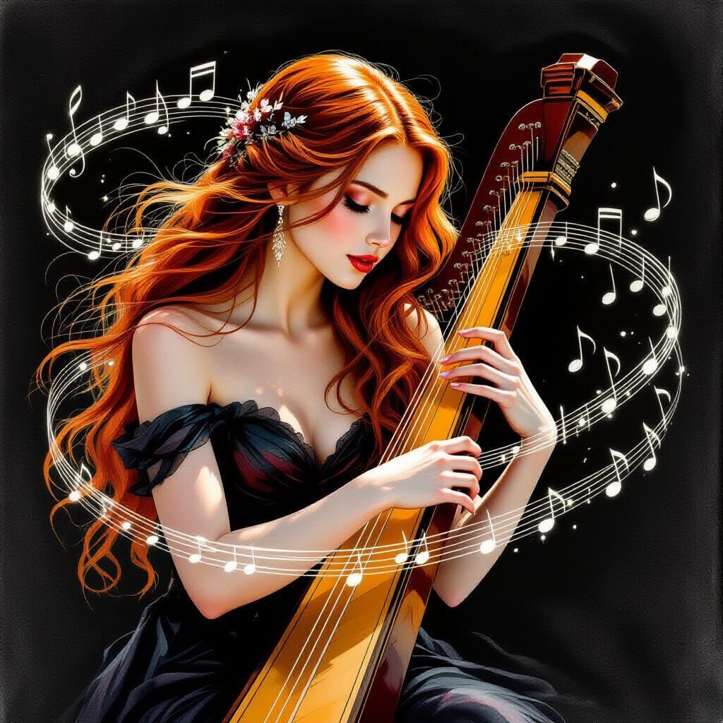 Ethereal Harpist with Floating Music Notes in Charcoal Style