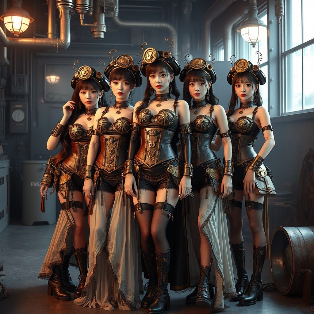 Steampunk K-Pop Girl Group in Industrial Chic Setting