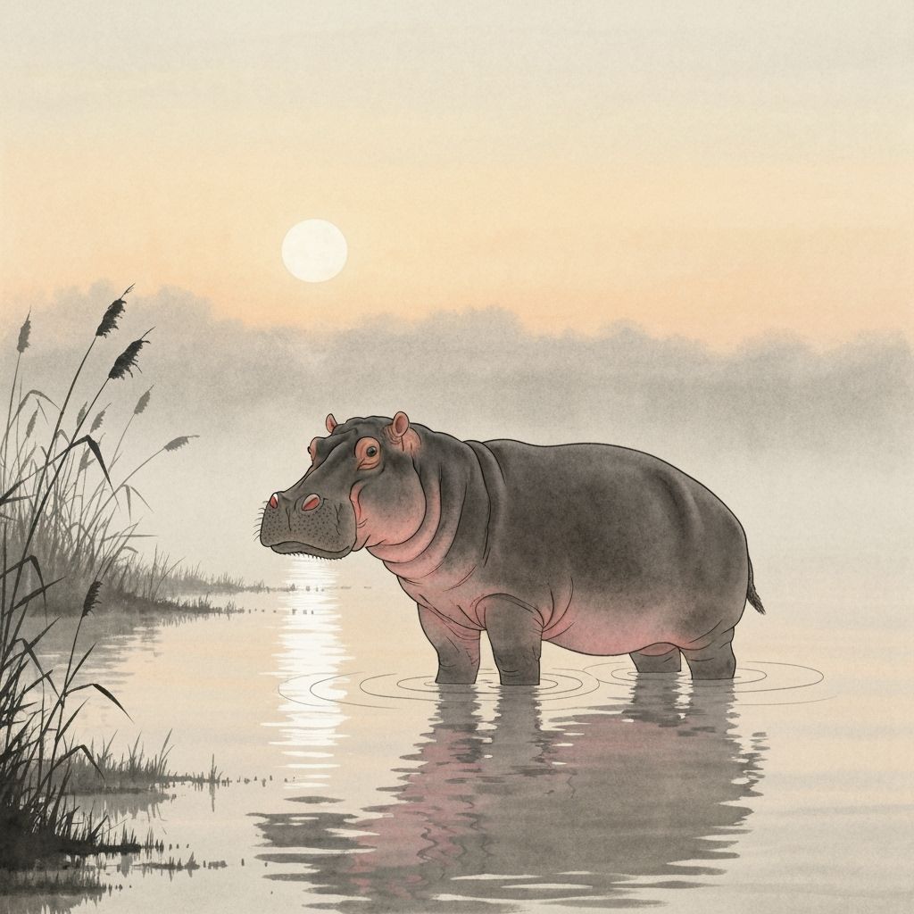 Majestic Hippo in Japanese Ink Painting Style at Dawn
