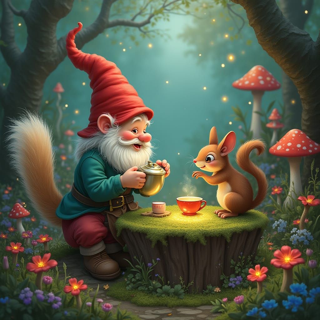 Gnome and Squirrel Tea Party in Mushroom Forest