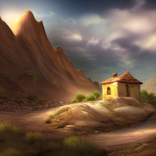 Lonely Cottage on Desert Mountainside Fantasy