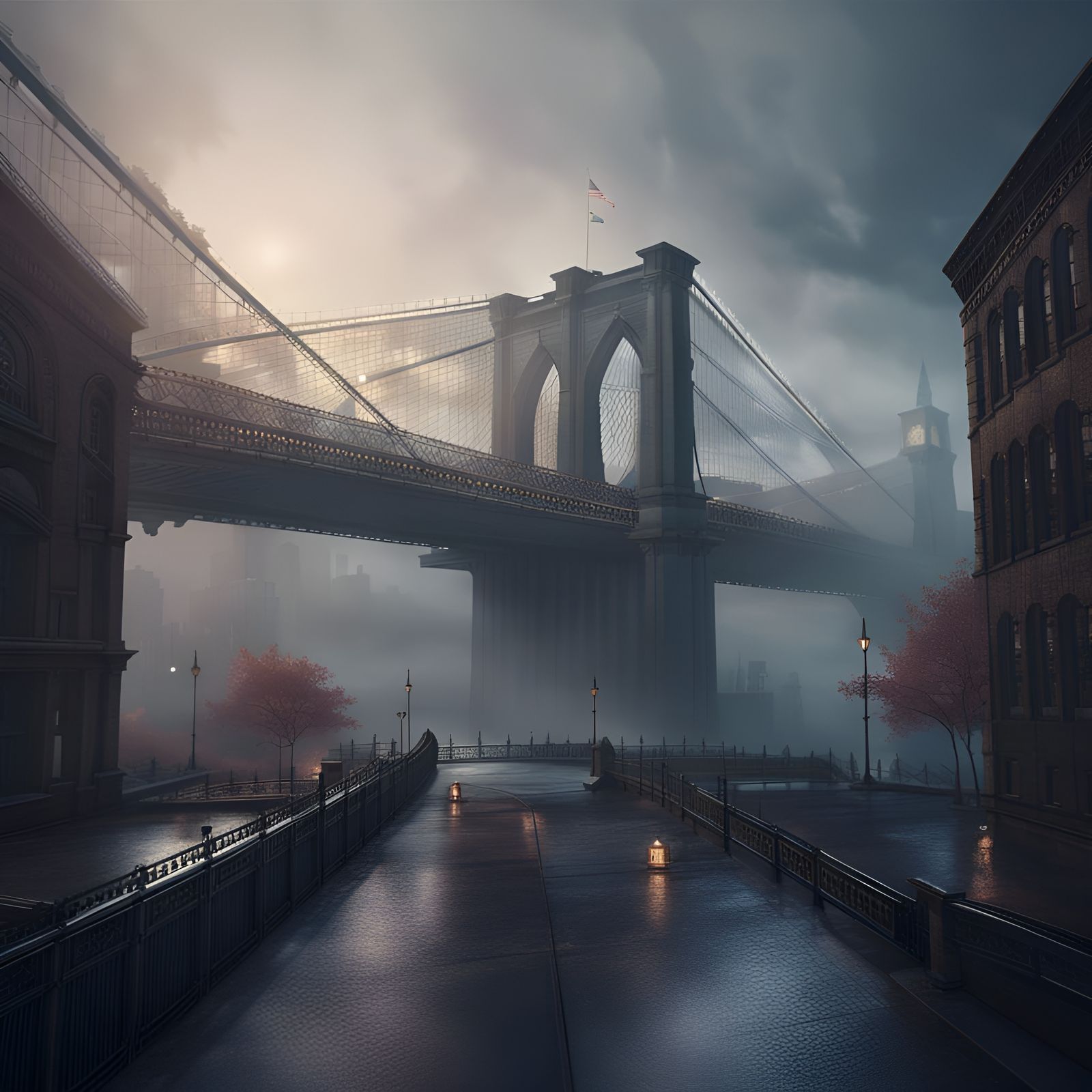 Brooklyn Bridge Shrouded in Mist, Detailed Digital Art