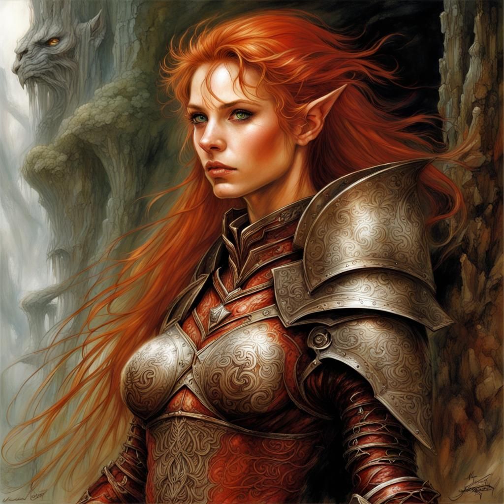 Red-Haired Elf Knight in Royo Style Armor