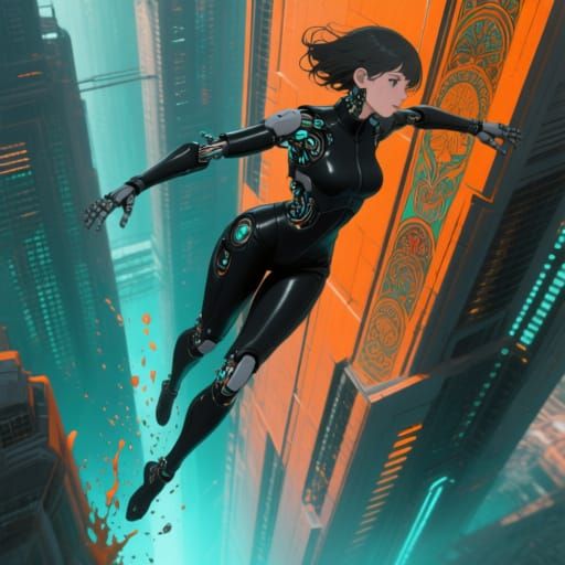 Cyborg Woman Falling from Skyscraper in 3D Anime Style