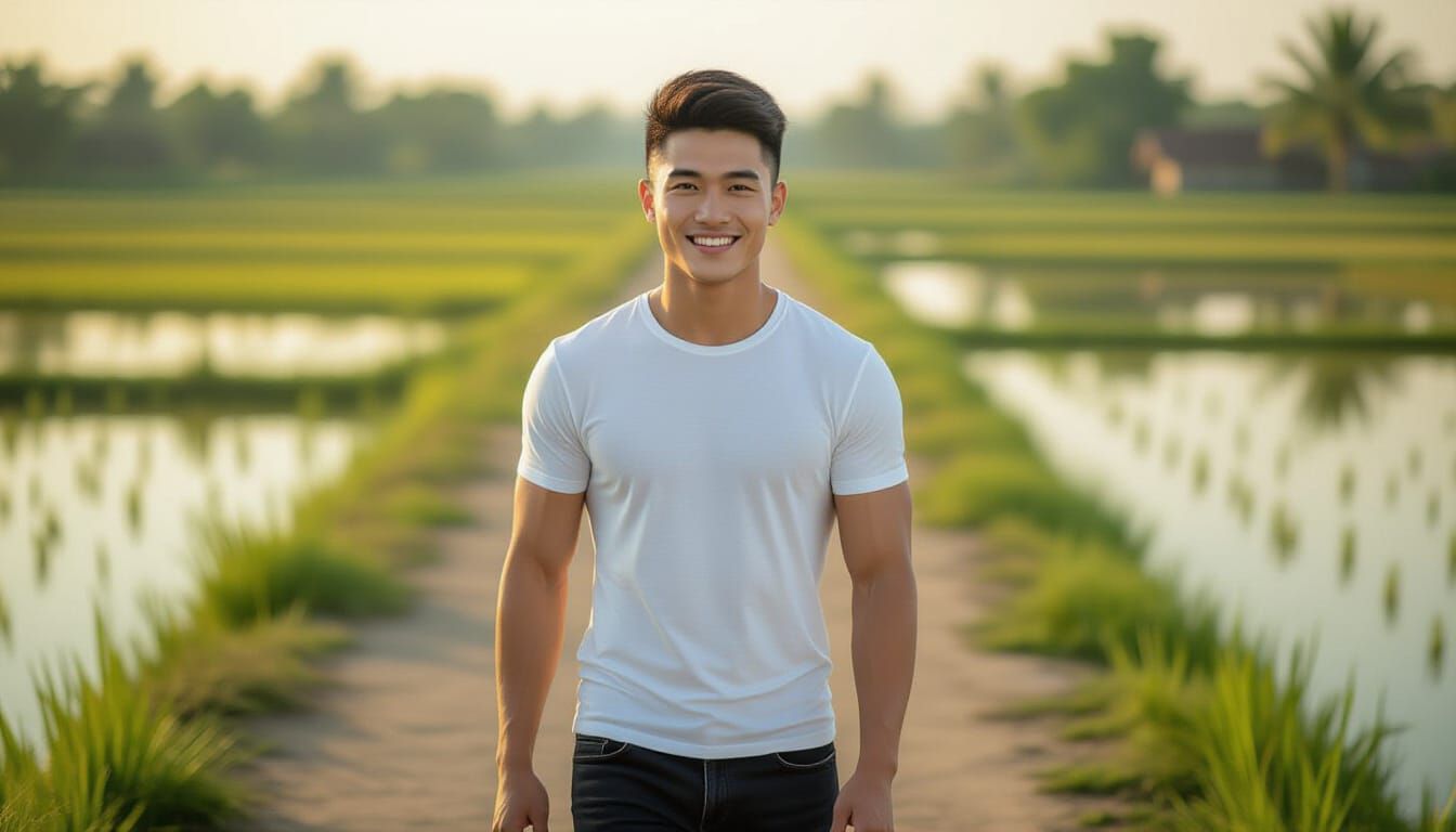 Young Vietnamese Man Walking Rice Paddies at Golden Hour