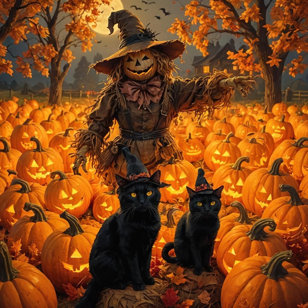 The thief went that way ! Halloween scarecrow points out to security cats where the crook went