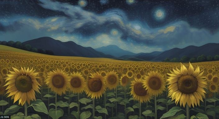 Sunflowers Under a Swirling Starry Sky