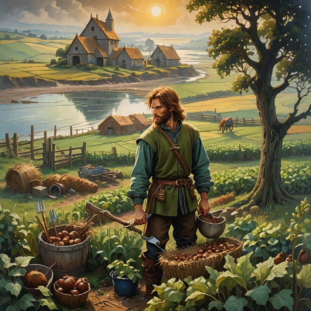 Medieval Coastal Farmer in Atmospheric Fantasy Art
